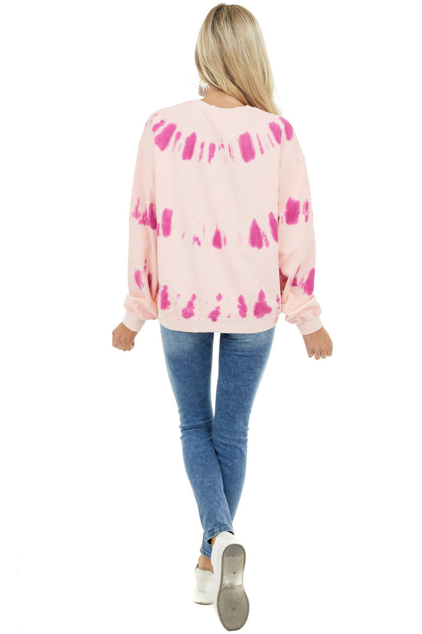 Baby Pink and Fuchsia Tie Dye Sweatshirt with Ribbed Detail