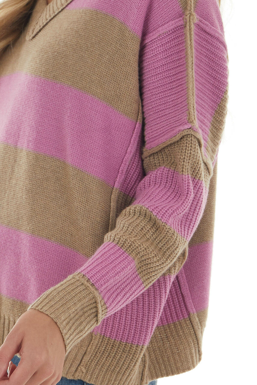 Fuchsia Striped V Neck Ribbed Knit Sweater