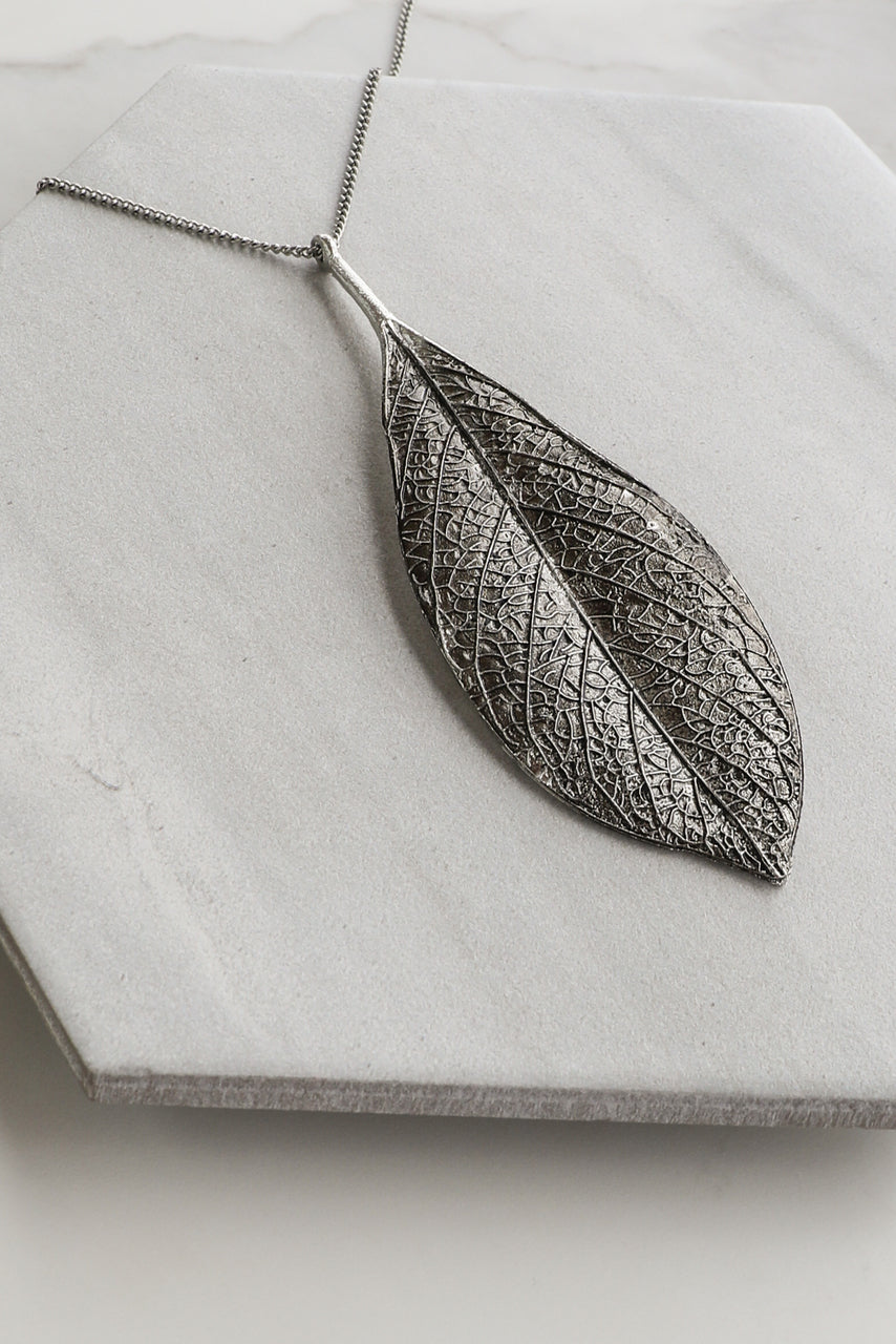 Antique Silver Long Textured Leaf Necklace
