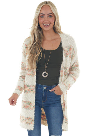 Cream Striped Open Front Popcorn Knit Cardigan 