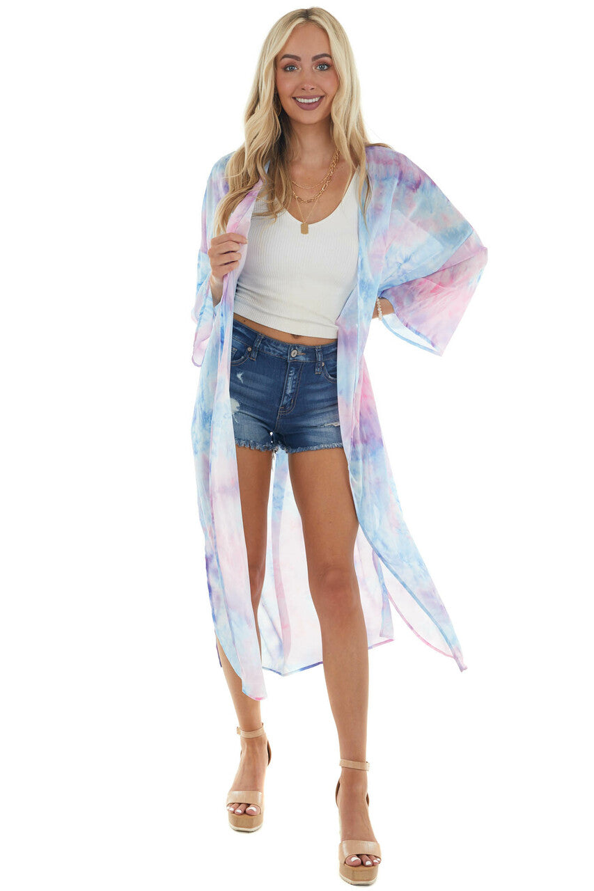 Sky Blue Tie Dye Open Front Chiffon Kimono