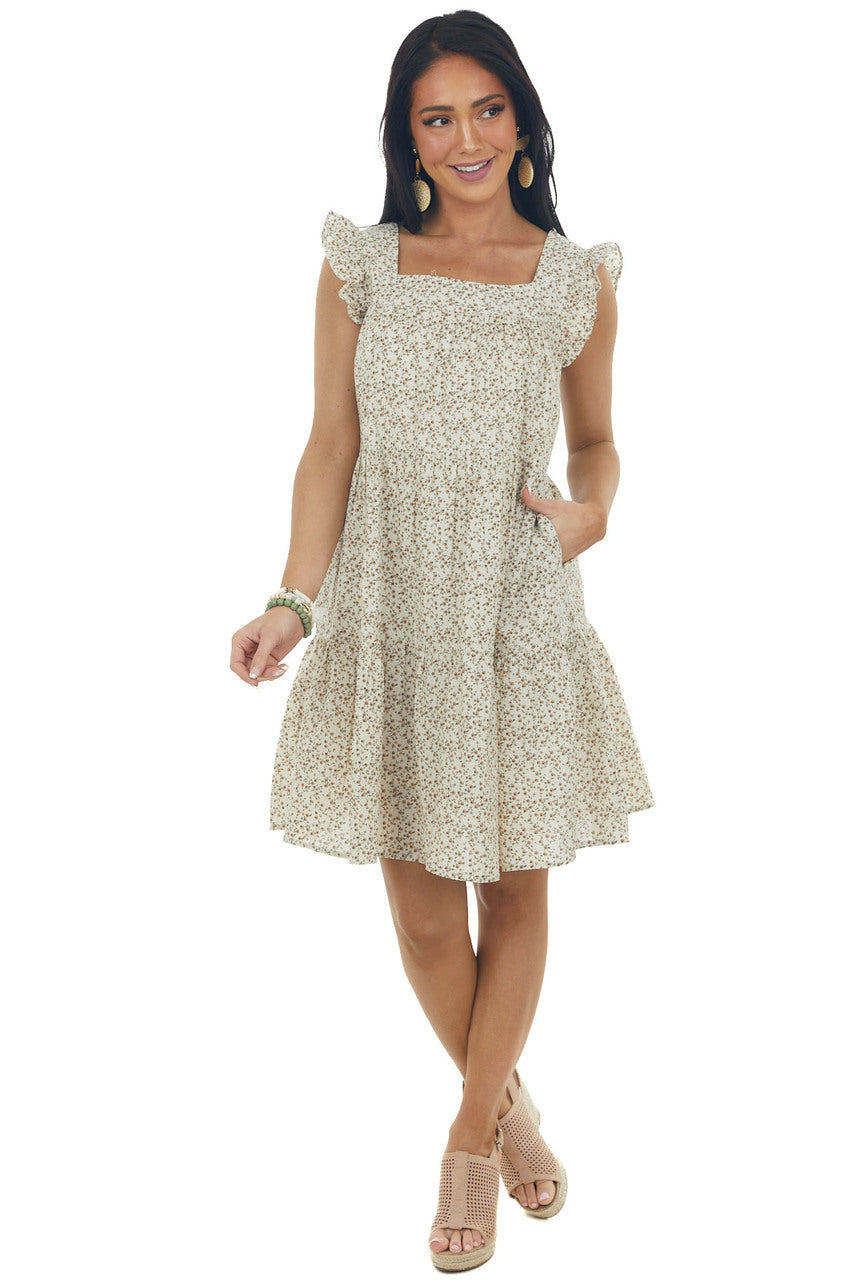Cream Ditsy Floral Textured Square Neck Dress 