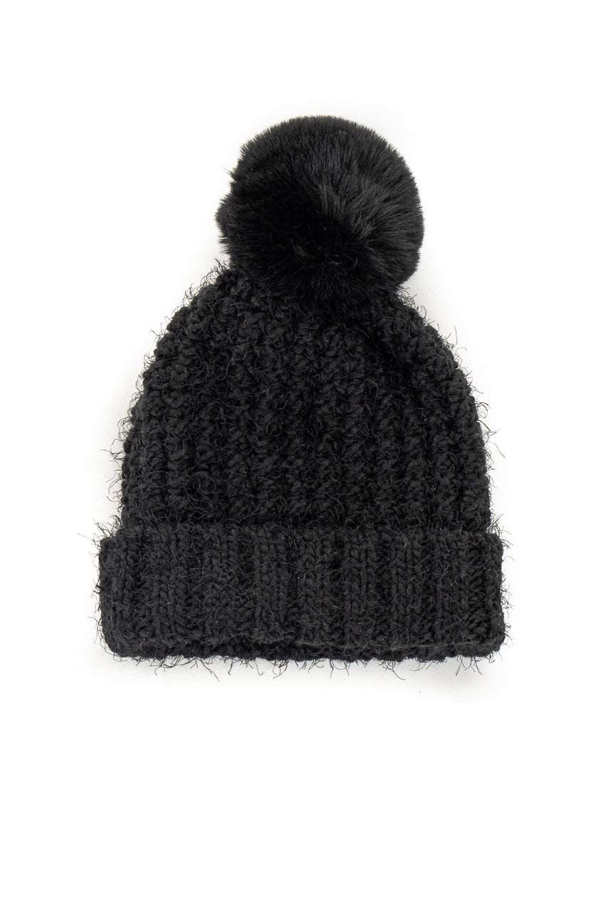Black Chunky Soft Knit Beanie with Fuzzy Pom Pom Detail