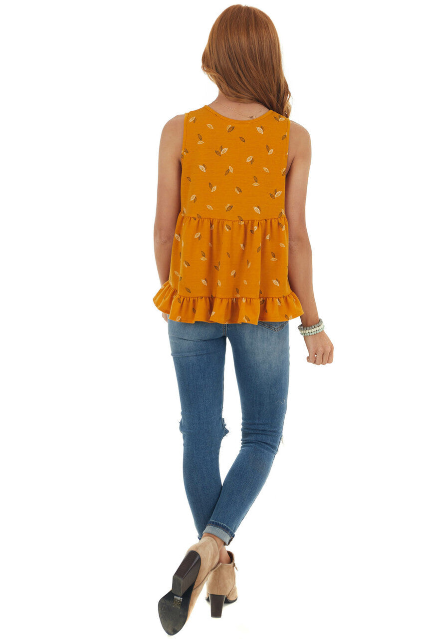 Mango Leaf Print Babydoll Notch Neck Knit Tank