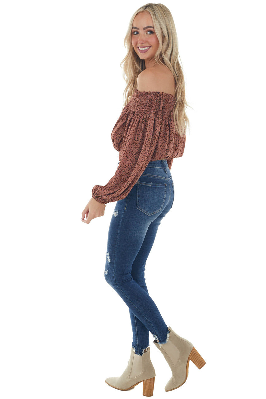 Chestnut Printed Smocked Off Shoulder Blouse