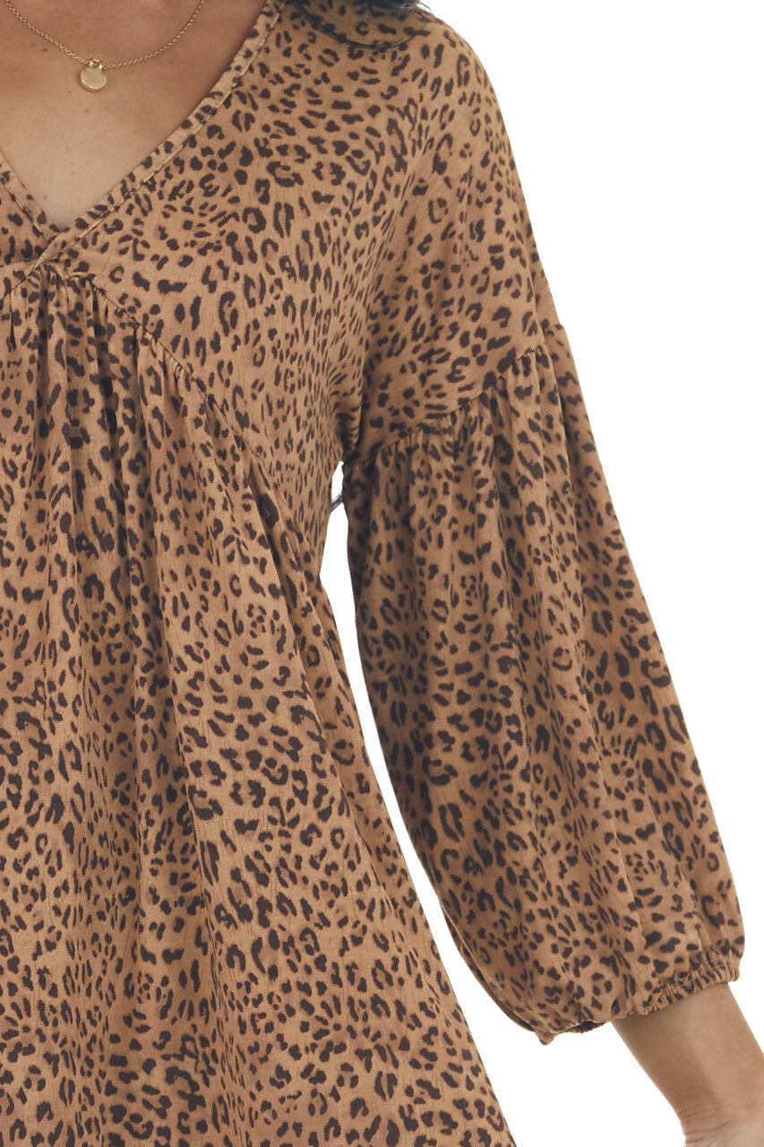 Copper Leopard Print V Neck Babydoll Knit Top 