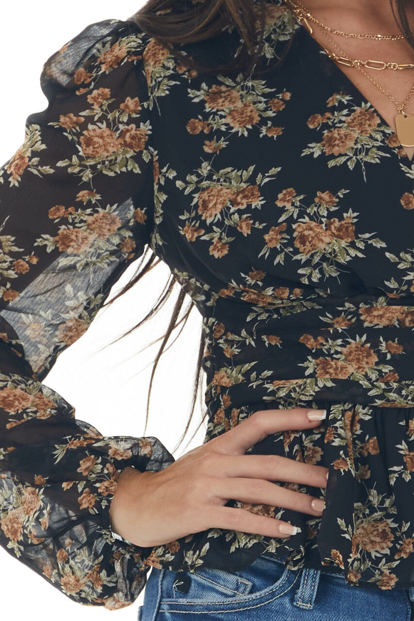 Black Floral Surplice Long Sleeve Woven Top