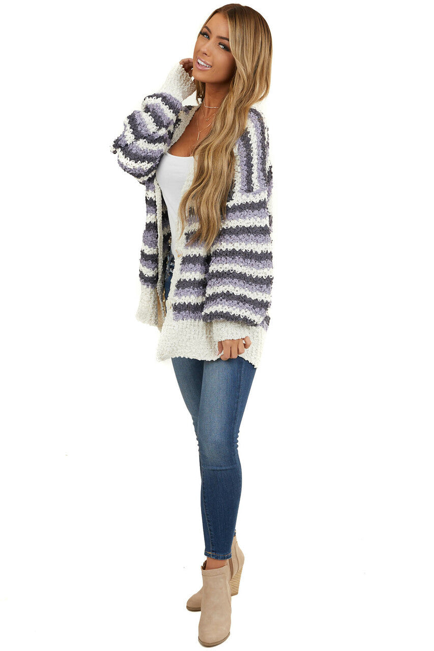 Charcoal and Periwinkle Chunky Knit Button Up Cardigan 