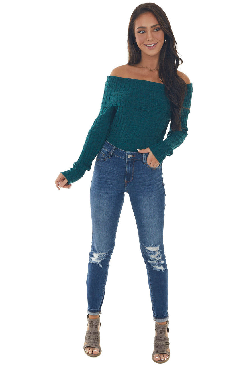Rich Pine Off Shoulder Ribbed Knit Bodysuit