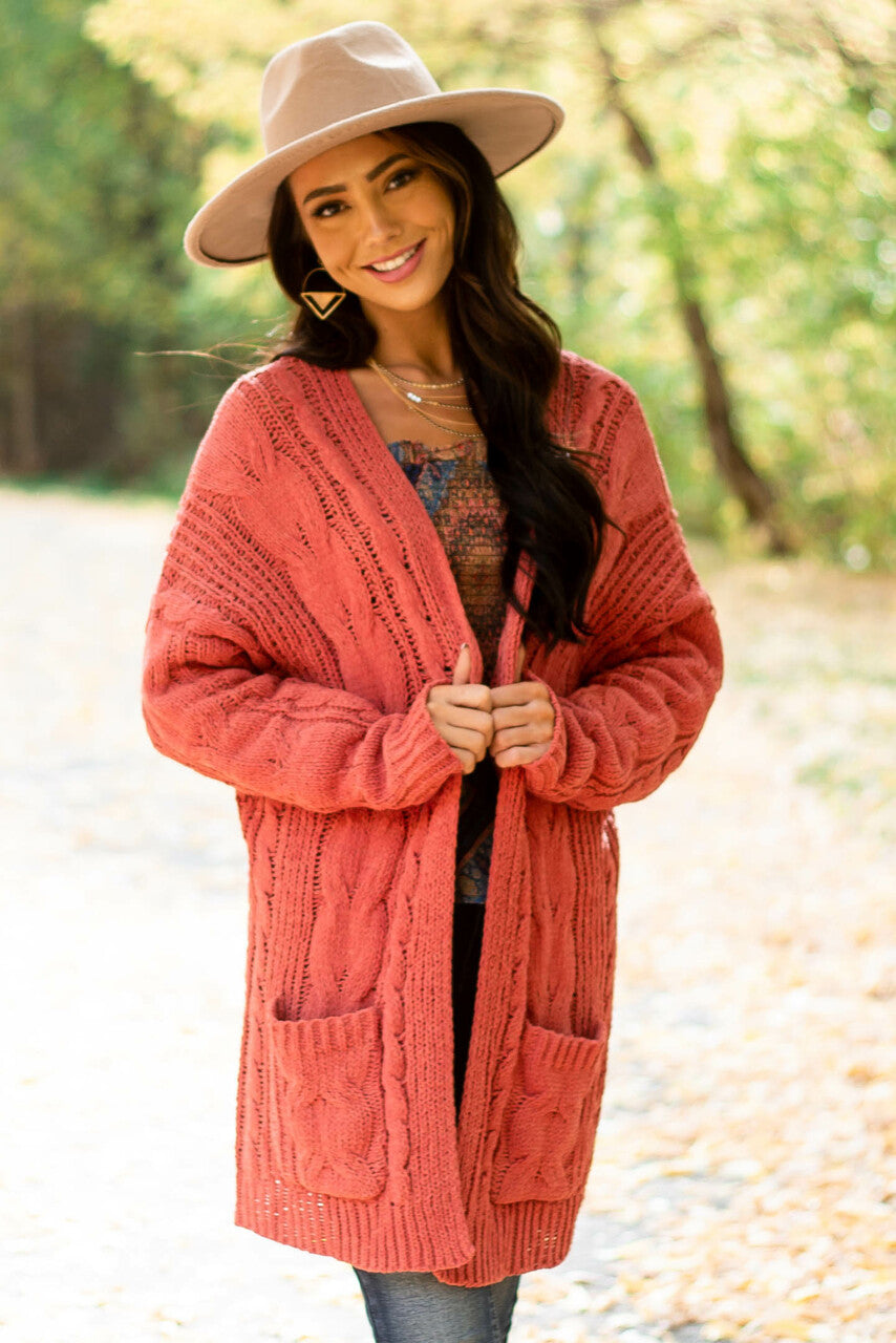 Terracotta Long Sleeve Cable Knit Cardigan