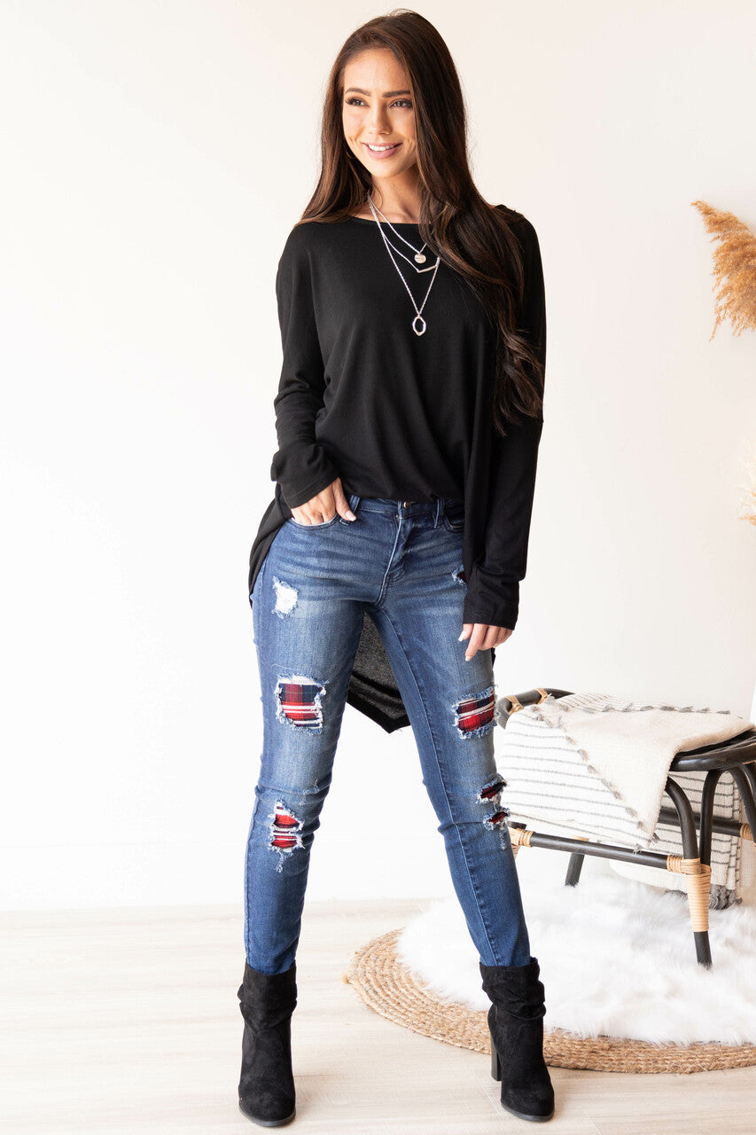Dark Wash Mid Rise Distressed Plaid Patch Skinny Jeans