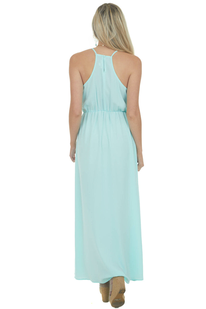 Aqua and Peach Sleeveless Maxi Dress with Side Slit Detail