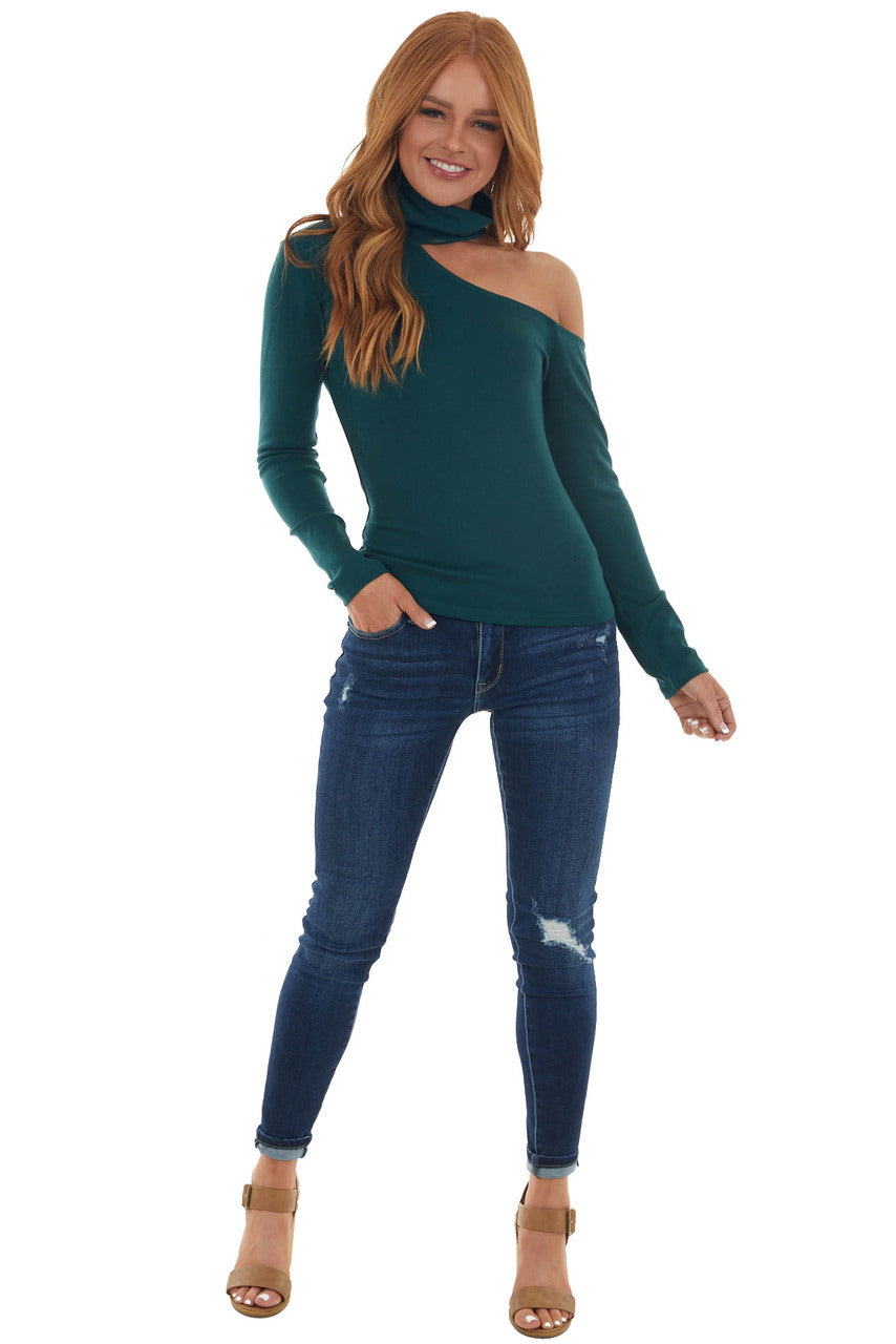 Forest Green Mock Neck Cold Shoulder Top