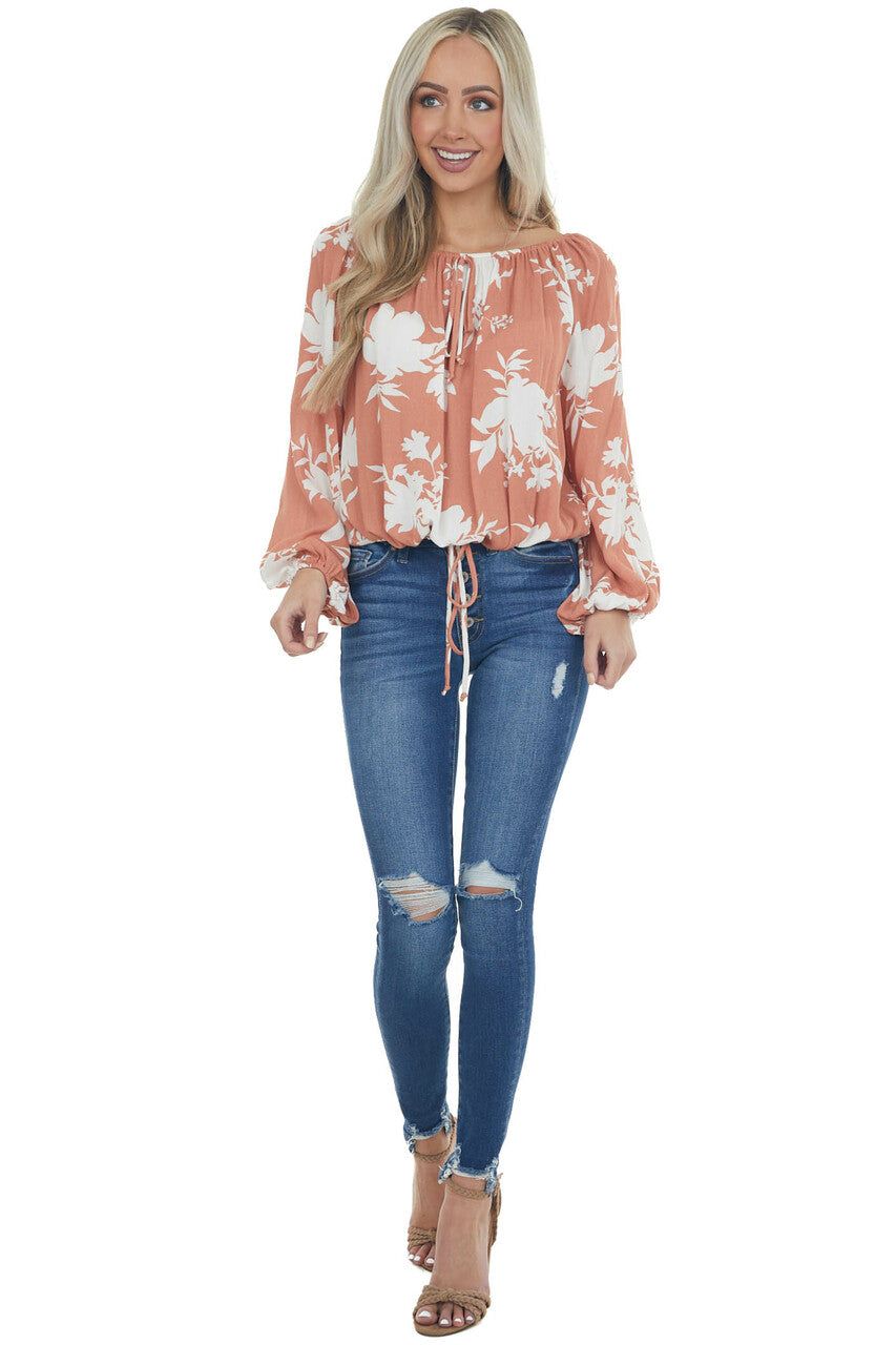 Coral Tropical Floral Print Off Shoulder Top