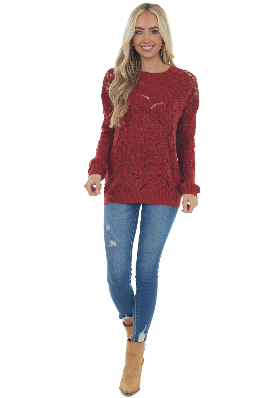 Pomegranate Pointelle Lace Shoulder Sweater 