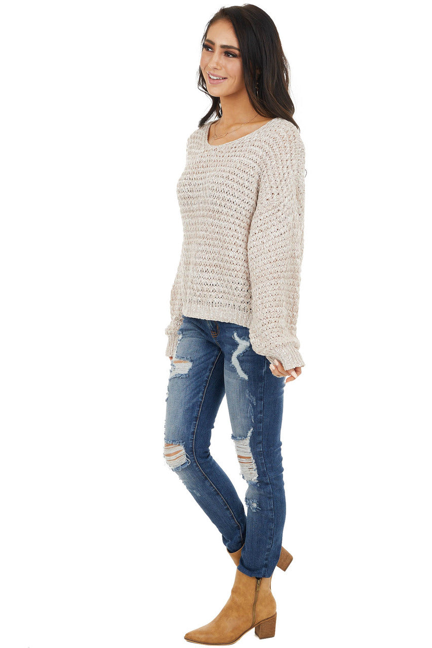 Dusty Rose Two Tone Loose Knit Sweater with Bubble Sleeves