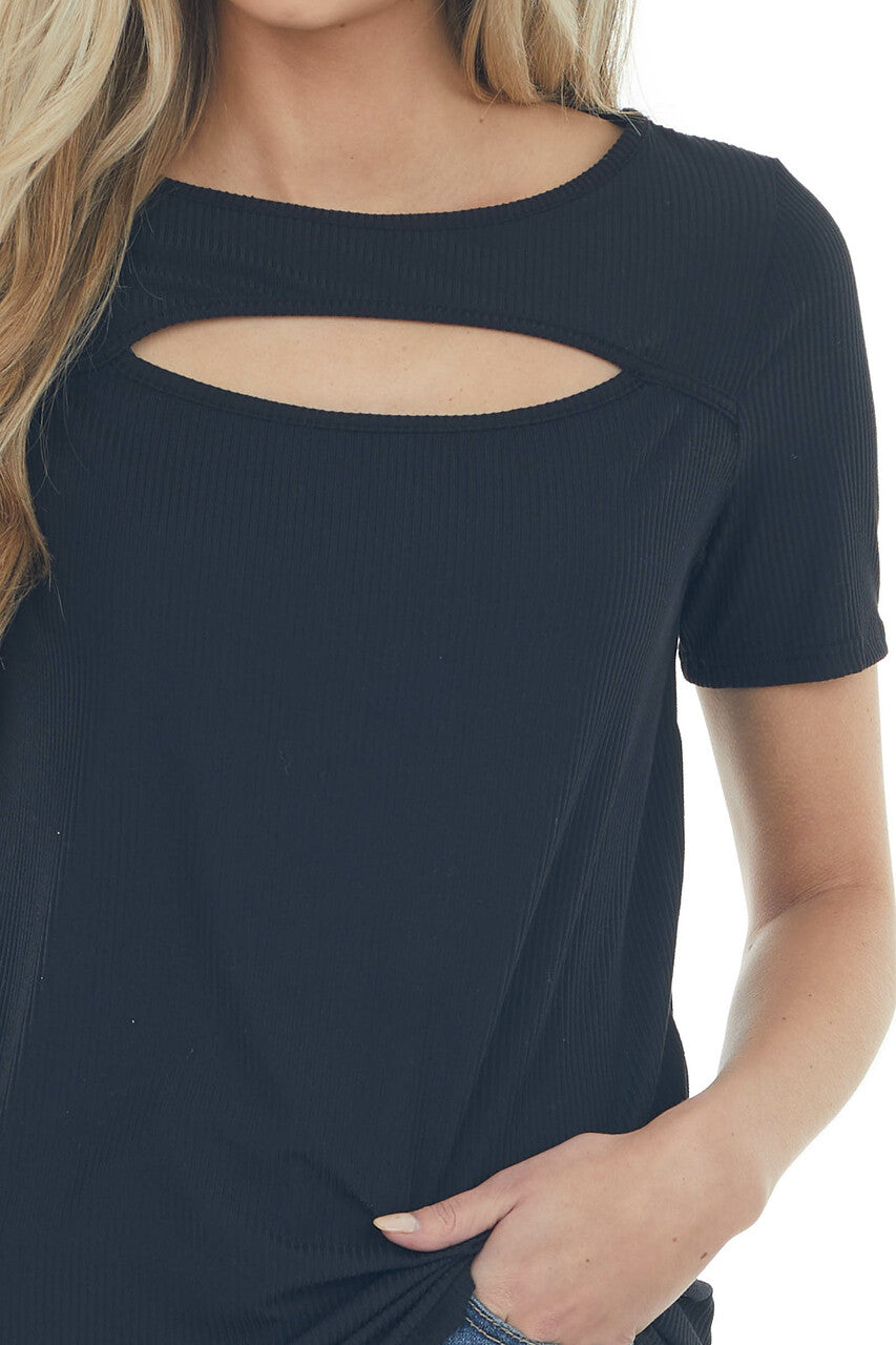 Black Chest Cut Out Ribbed Knit Top