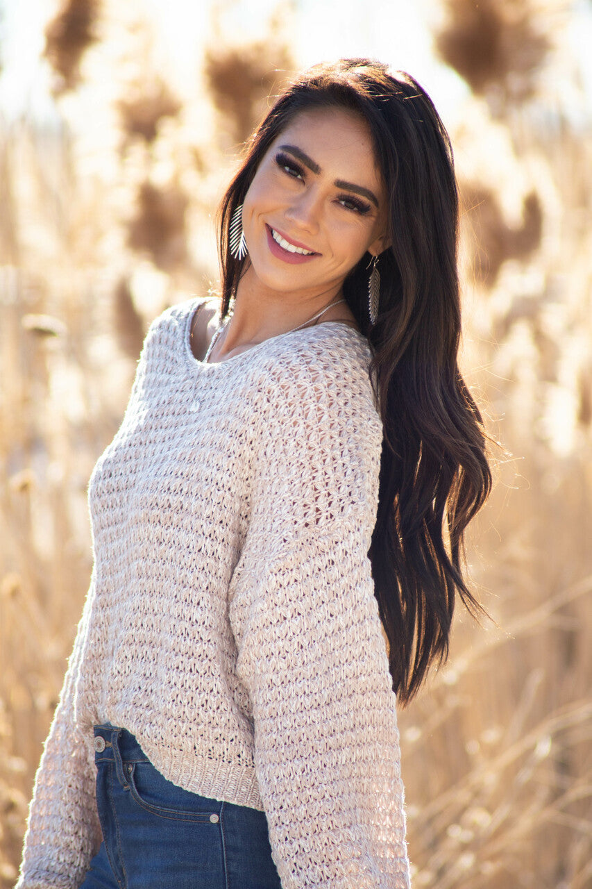 Dusty Rose Two Tone Loose Knit Sweater with Bubble Sleeves