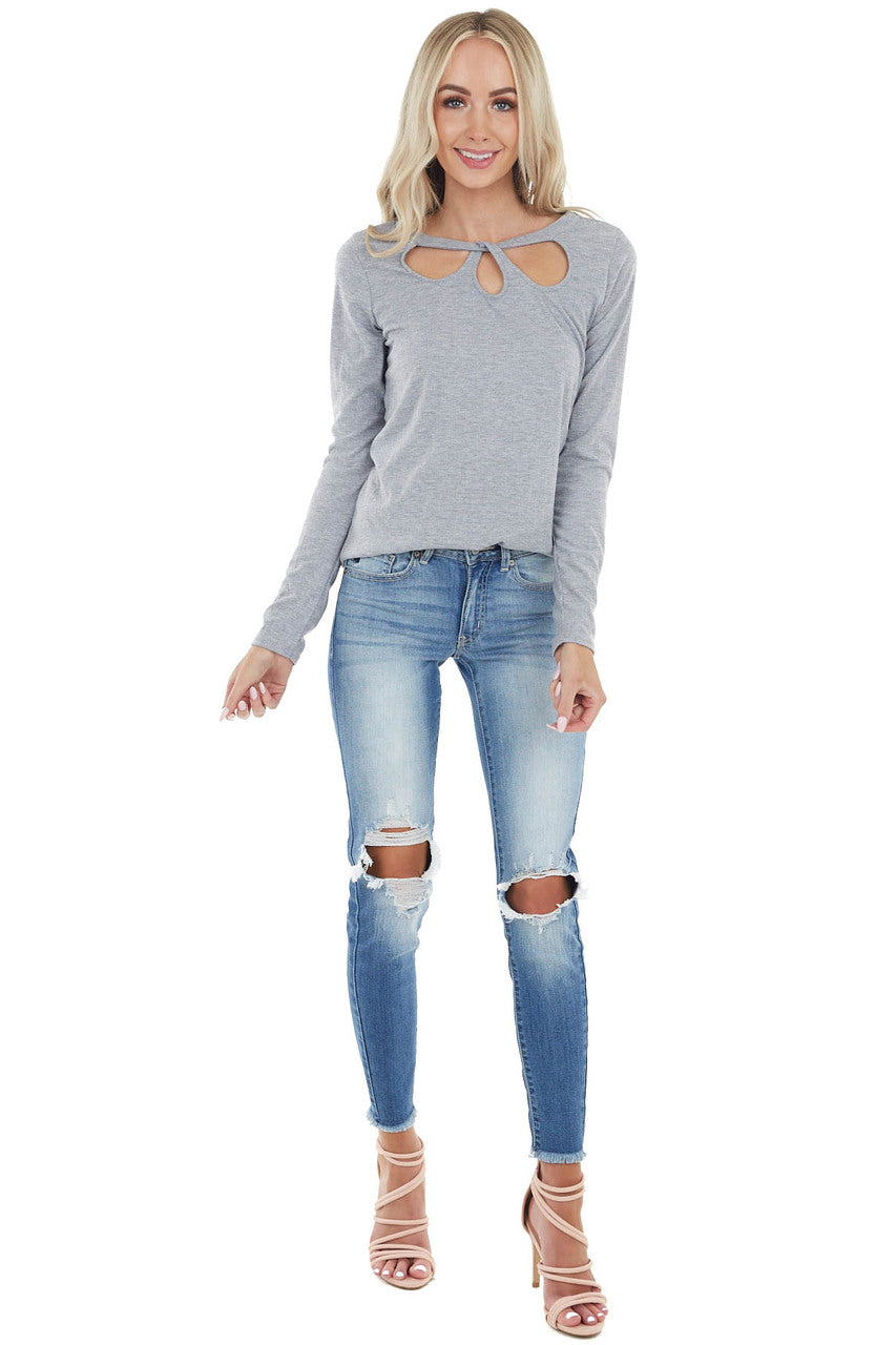 Dove Grey Long Sleeve Textured Knit Top with Chest Cutout 