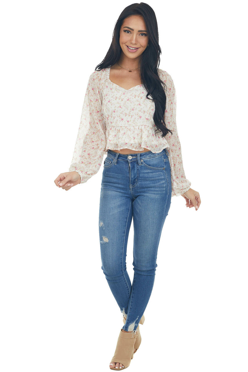 Ivory Peplum Top with Baby Pink Floral Detail
