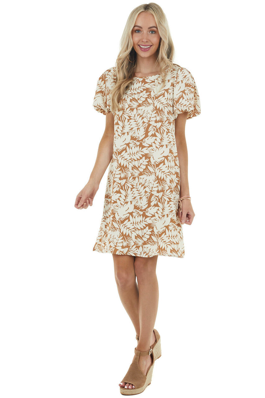 Light Sepia Leaf Print Woven Dress with Short Puff Sleeves