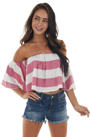 Thulian Pink Striped Off Shoulder Flowy Top 