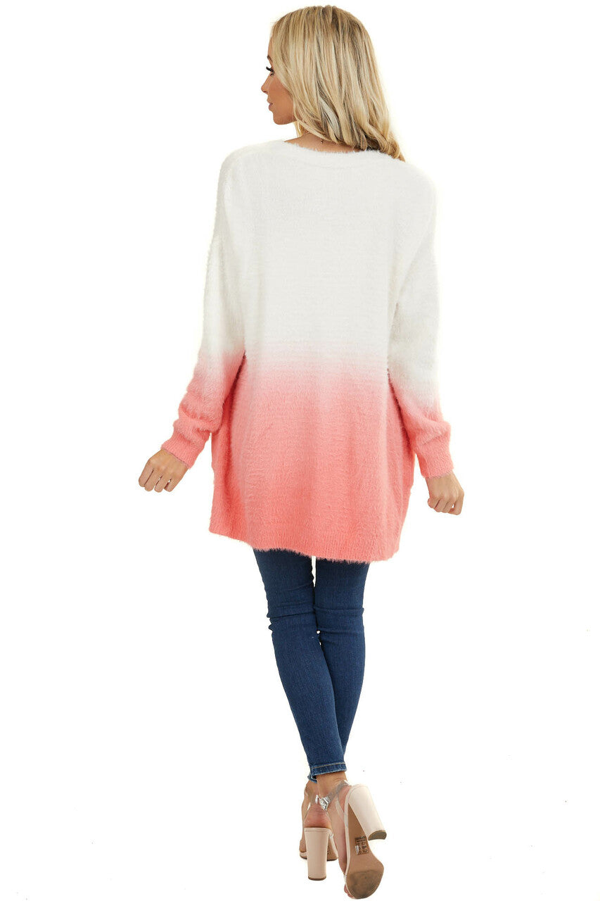 Coral and Ivory Ombre Fuzzy Knit Cardigan with Pockets