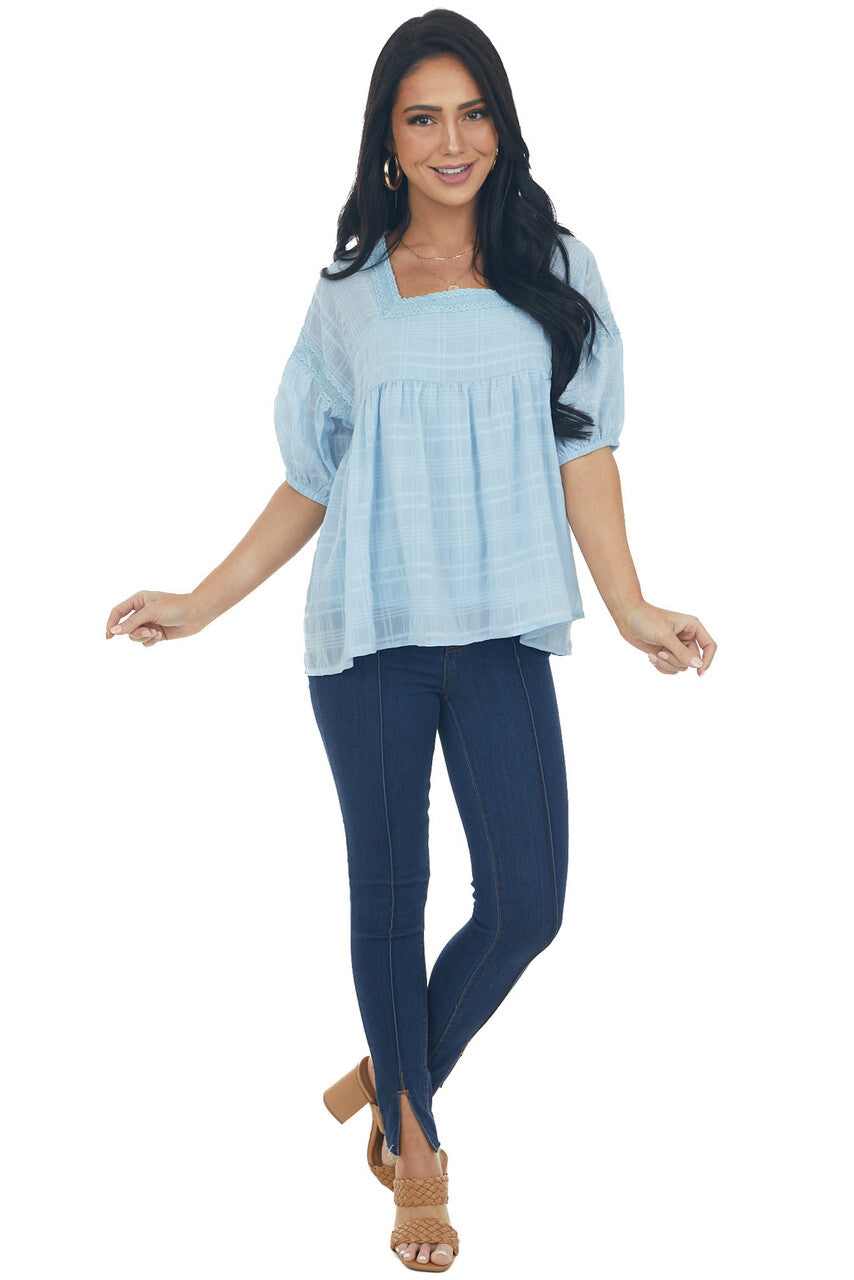 Powder Blue Babydoll Puff Sleeve Blouse with Square Neck