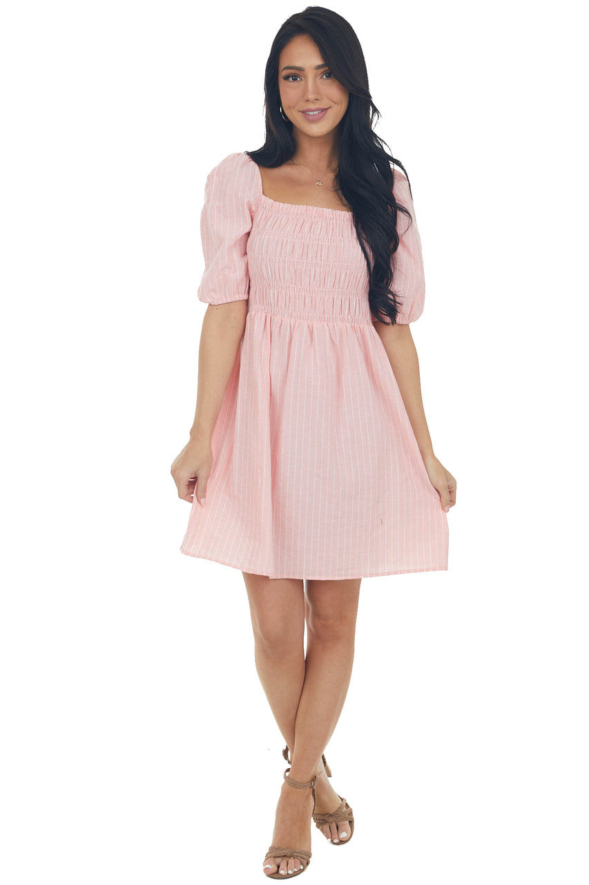 Light Coral Smocked Puff Sleeve Short Dress