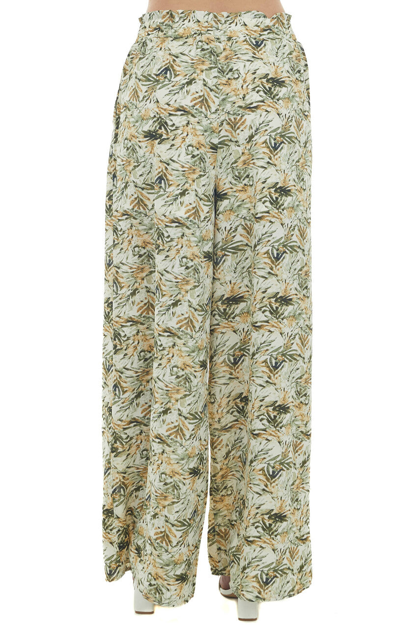 Army Green Leaf Print Wide Leg Flowy Pants