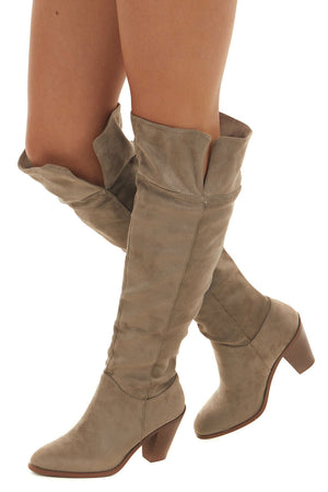 Oatmeal Faux Suede Folded Slouchy Heeled Boots 