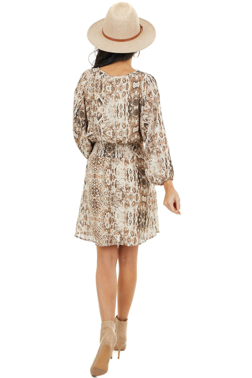 Beige Snakeskin Print Short Dress with Smocked Waist