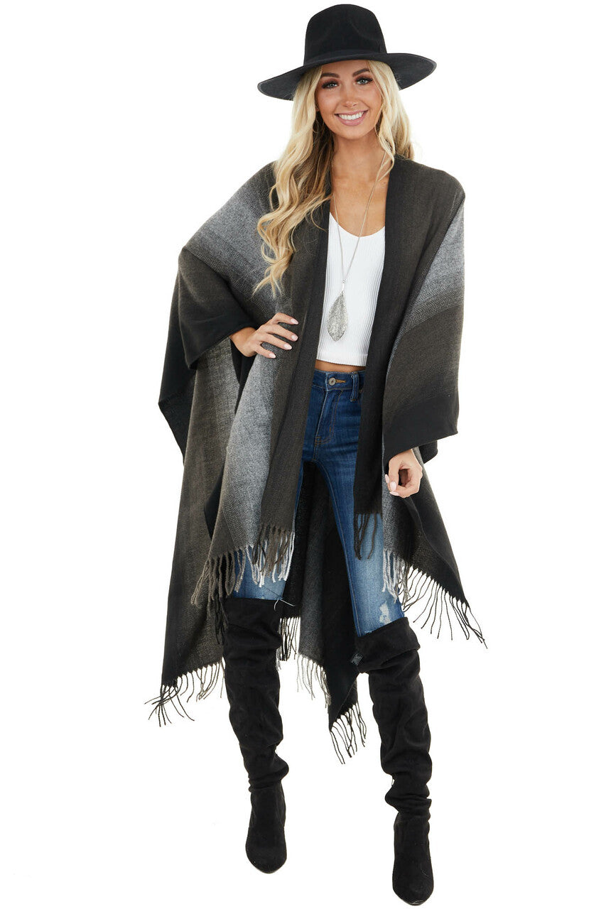 Charcoal Grey Ombre Colorblock Poncho with Fringe Detail 