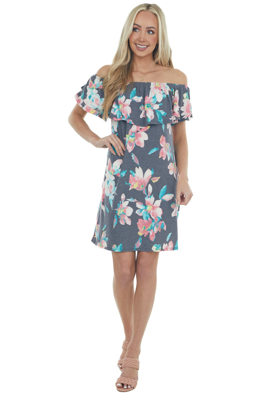 Navy Floral Off Shoulder Overlay Mini Dress