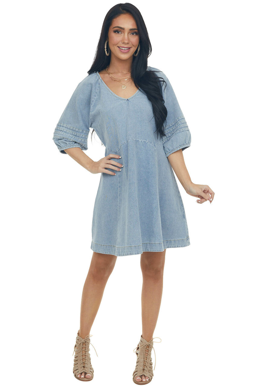 Medium Wash Pleated Puff Sleeve Denim Dress