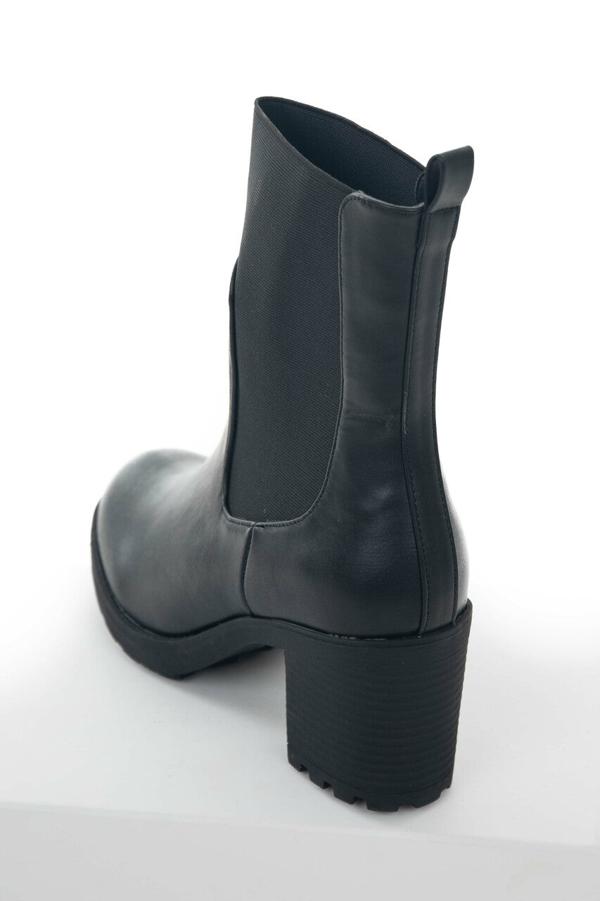 Black Faux Leather Elastic Panel Lug Booties