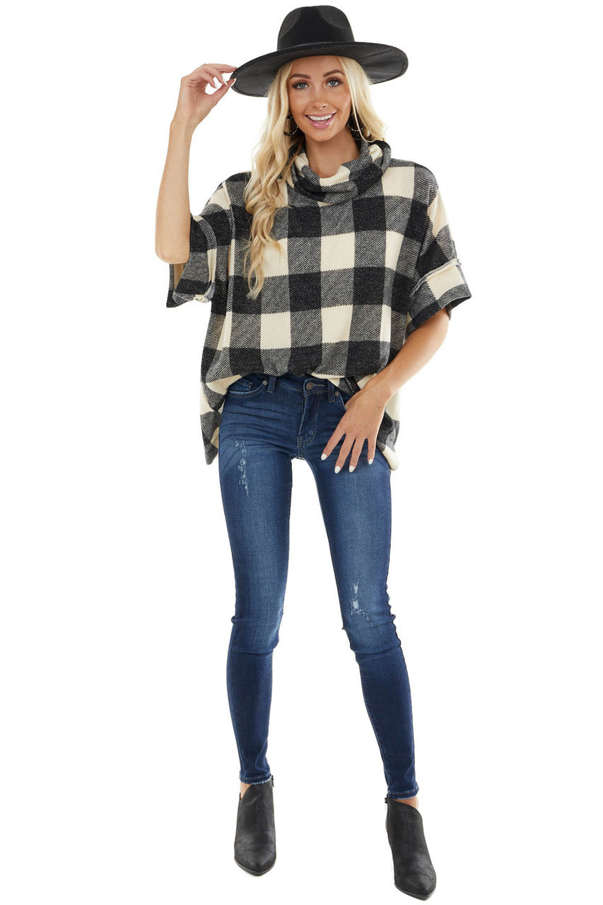 Charcoal and Cream Buffalo Plaid Oversize Top with Cowl Neck 