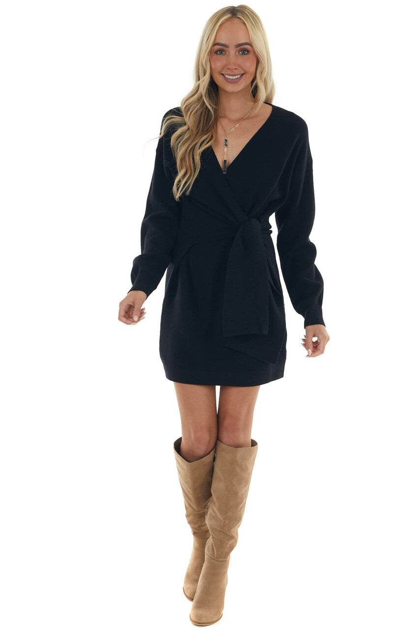 Black Fleece Knit Sweater Dress with Wrap Tie