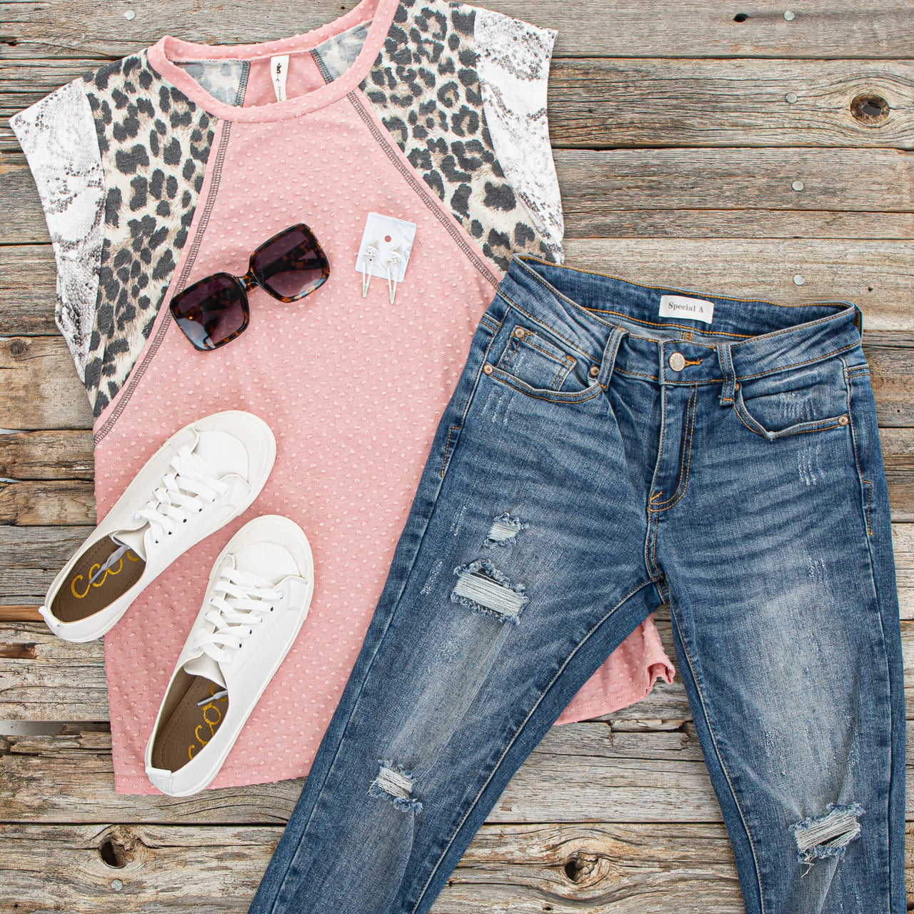 Dusty Blush Swiss Dot Knit Top with Multiprint Short Sleeves 