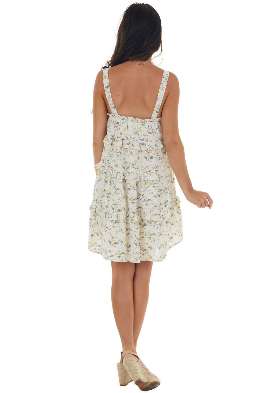 Cream Floral Sleeveless Tiered Ruffle Dress