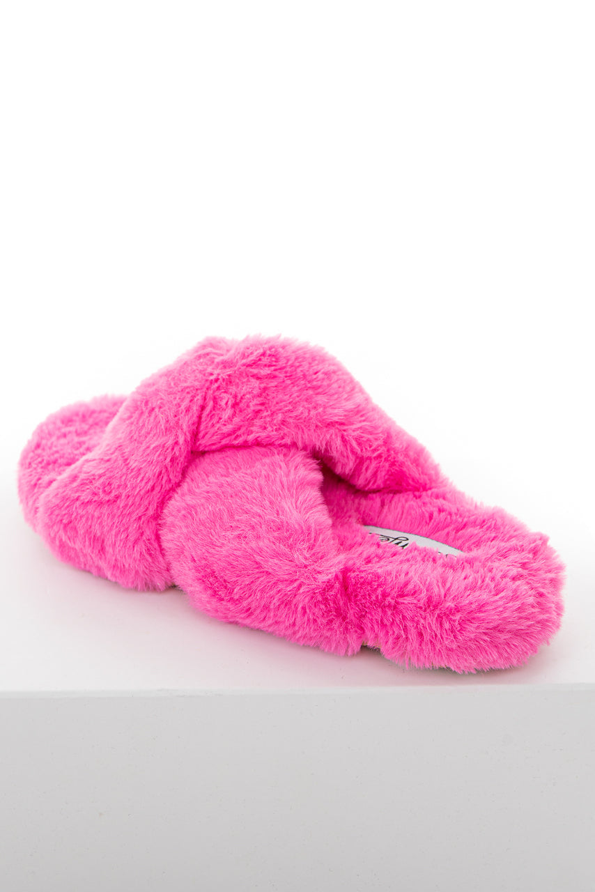Hot Pink Fuzzy Soft Sandal Slippers with Criss Cross Details