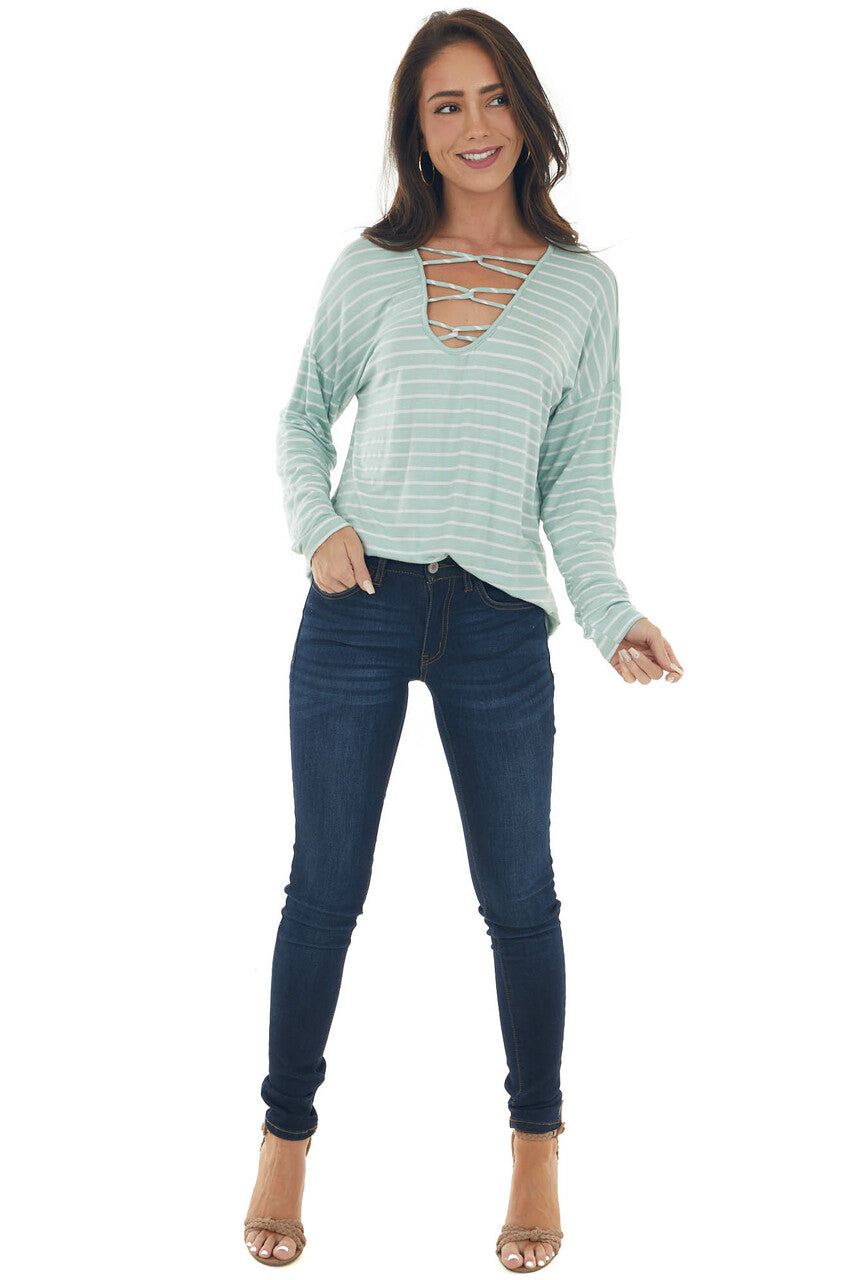 Mint Striped Criss Cross Strap Neck Knit Top 