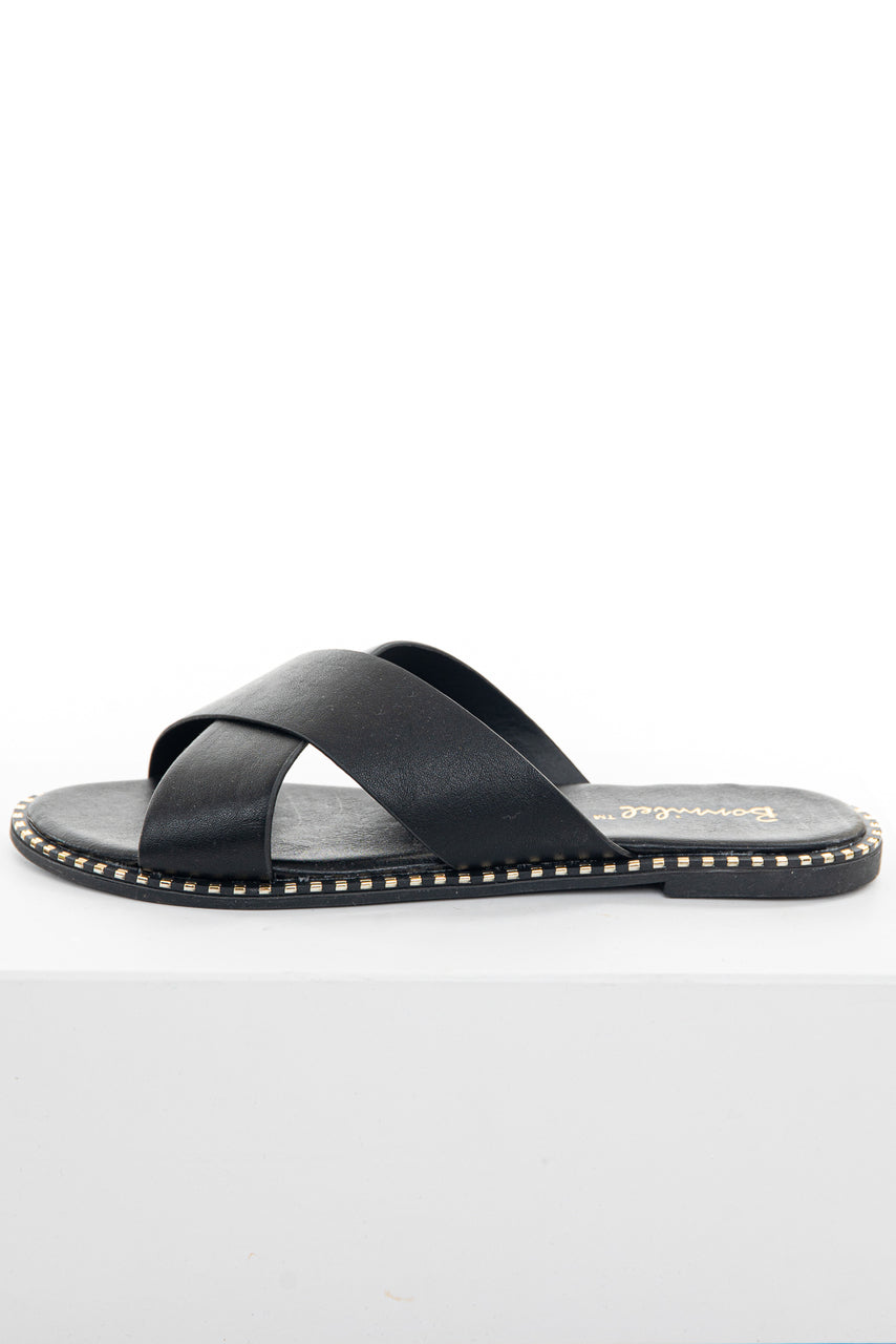 Black Criss Cross Slip On Sandals with Metallic Details 