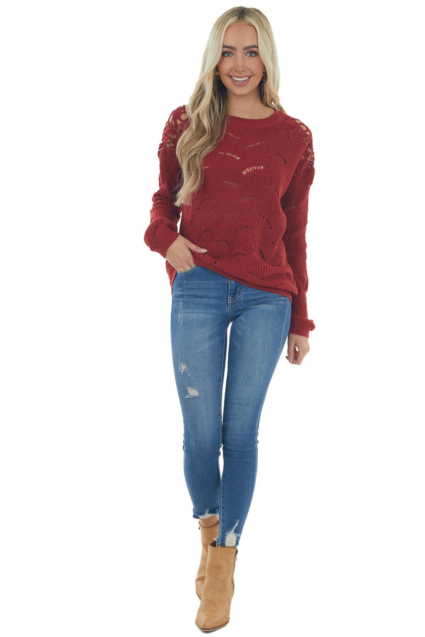 Pomegranate Pointelle Lace Shoulder Sweater 