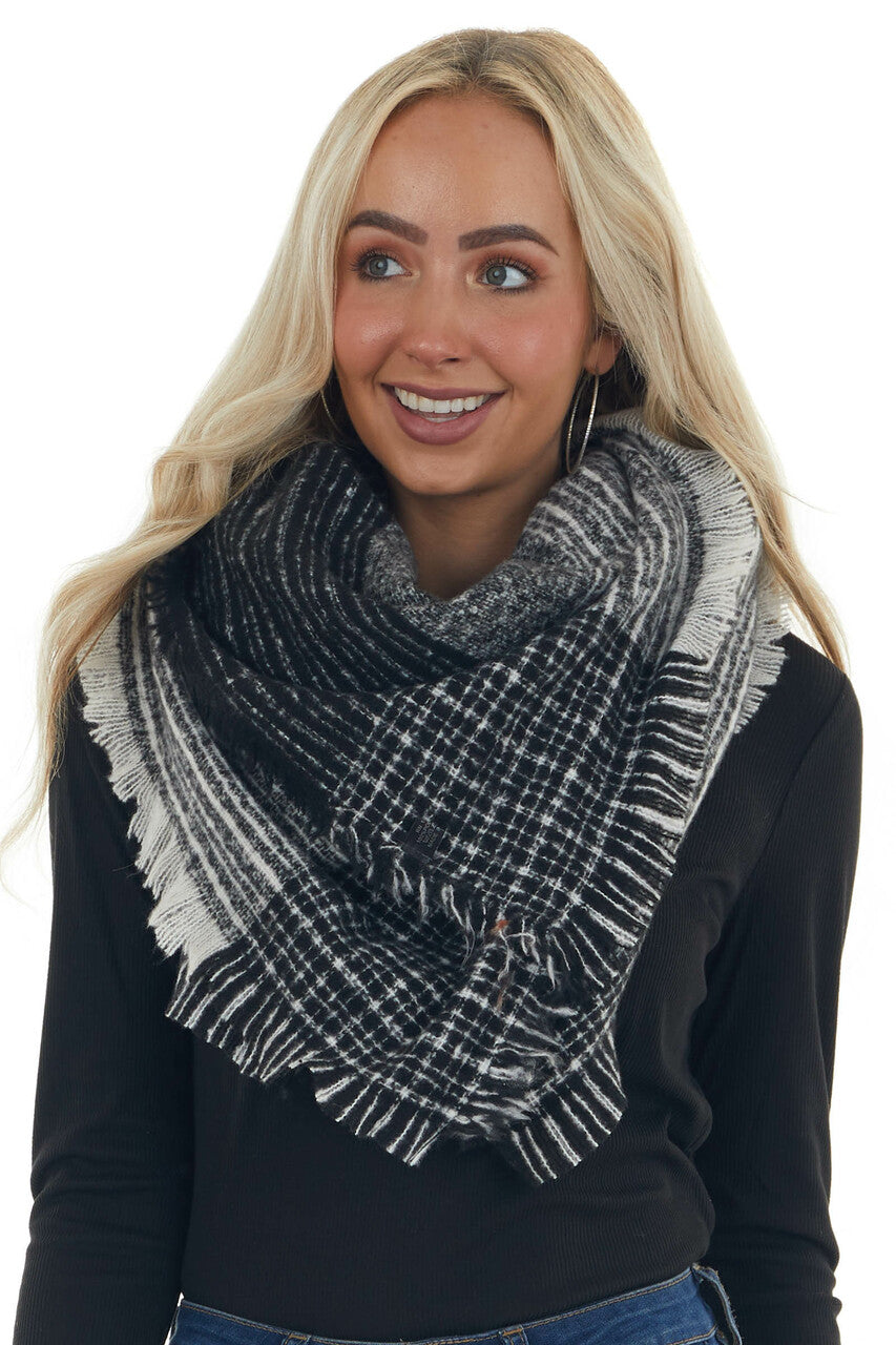 Black Plaid Print Frayed Edge Oblong Scarf 