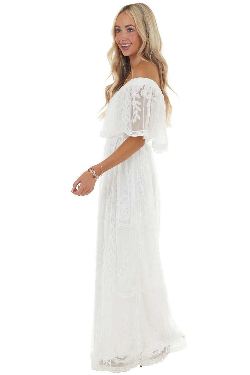 Off White Off Shoulder Floral Lace Overlay Maxi Dress
