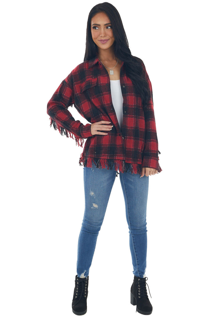 Crimson Plaid Shirt Jacket with Fringe Details