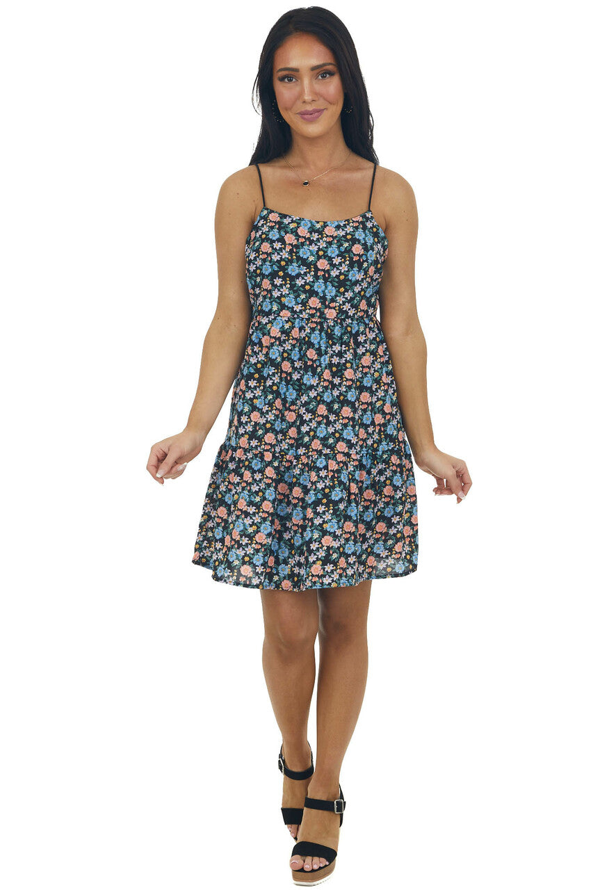 Black Floral Print Sleeveless Short Dress