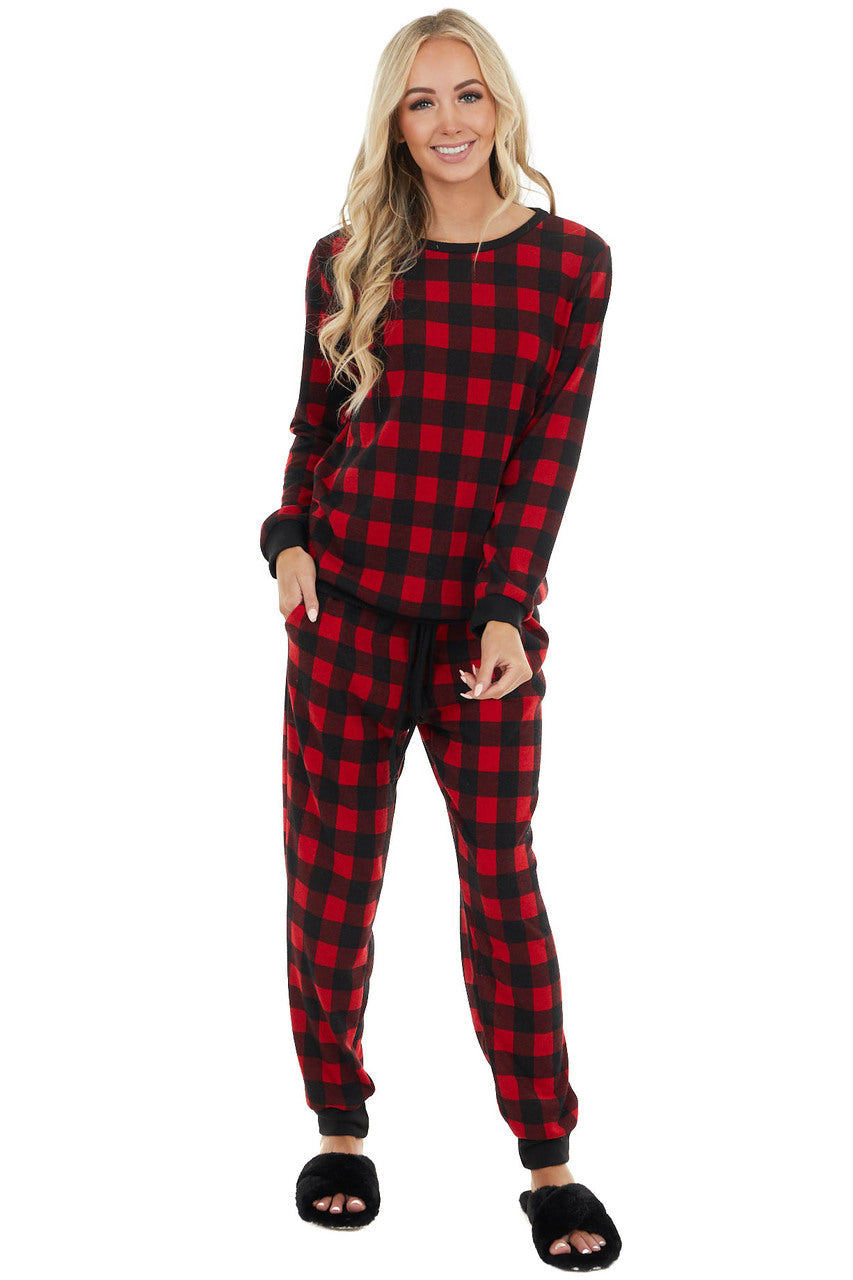 Cranberry Red and Black Buffalo Plaid Long Sleeve Knit Top
