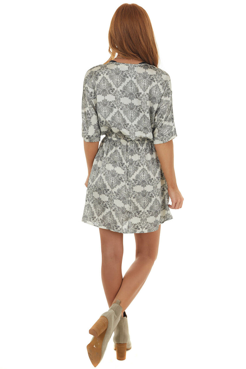 Cream Printed Plunging V Satin Short Dress